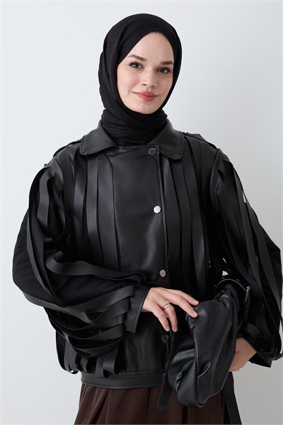 Şerit Detaylı Siyah Deri Ceket