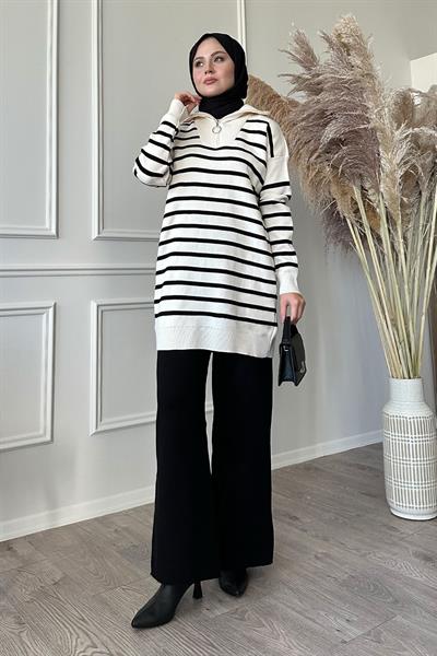 Şeritli Boğazlı Triko Ekru Takım