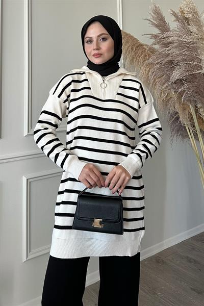 Şeritli Boğazlı Triko Ekru Takım