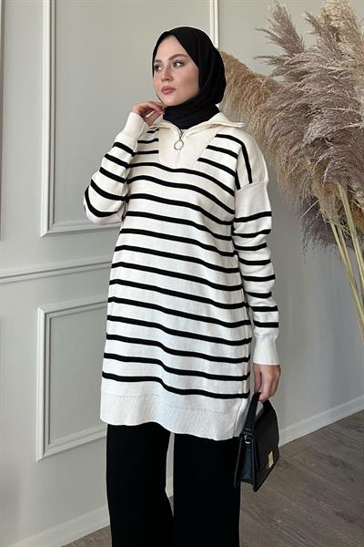 Şeritli Boğazlı Triko Ekru Takım