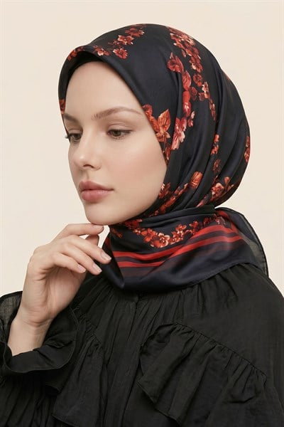 Şeritli Çiçek Desen Siyah Soft Pamuk Eşarp