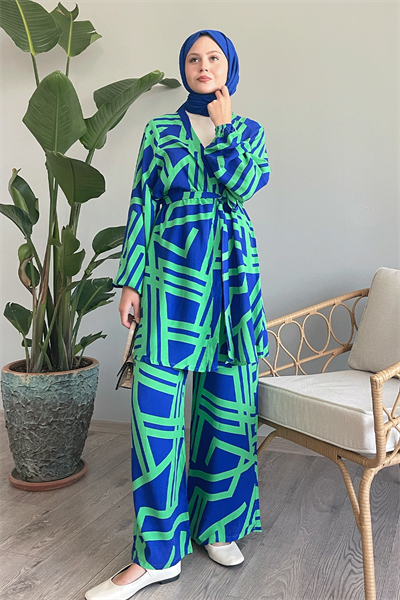 Şeritli İkili Yeşil Viskon Takım