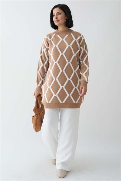 Şeritli İnci Detay Camel Triko Kazak