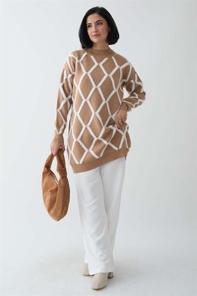 Şeritli İnci Detay Camel Triko Kazak