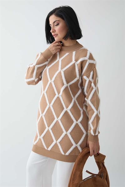 Şeritli İnci Detay Camel Triko Kazak