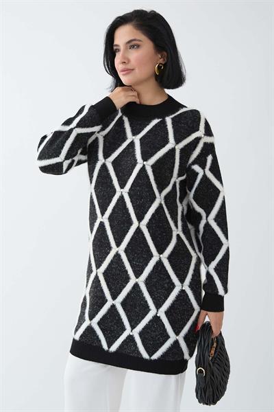 Şeritli İnci Detay Siyah Triko Kazak