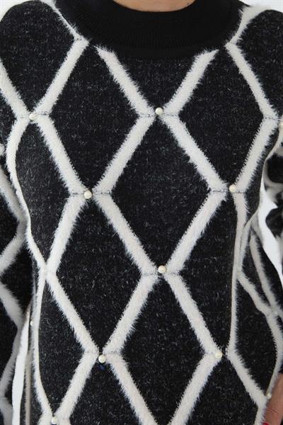 Şeritli İnci Detay Siyah Triko Kazak