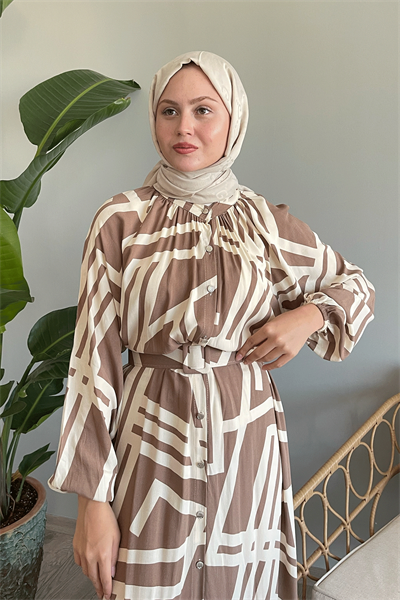 Şeritli Kemerli Camel Viskon Elbise