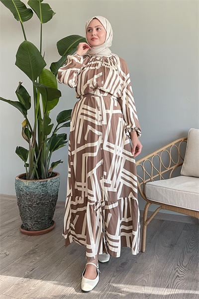 Şeritli Kemerli Camel Viskon Elbise