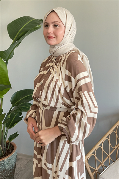 Şeritli Kemerli Camel Viskon Elbise