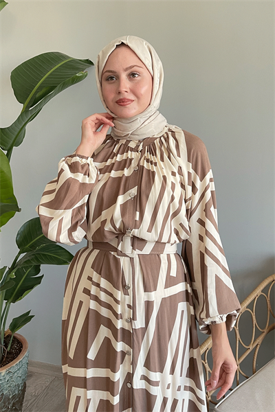 Şeritli Kemerli Camel Viskon Elbise
