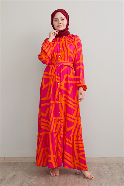 Şeritli Kemerli Fuşya Viskon Elbise