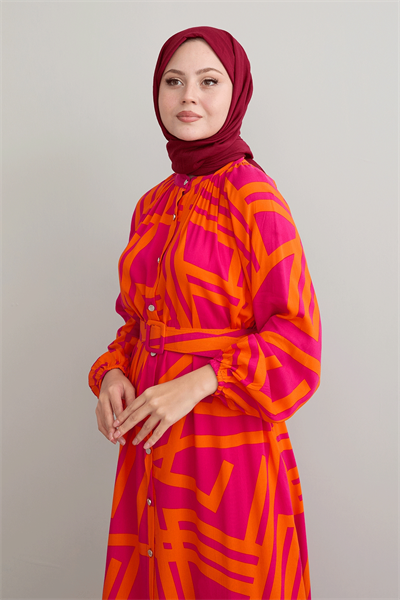 Şeritli Kemerli Fuşya Viskon Elbise