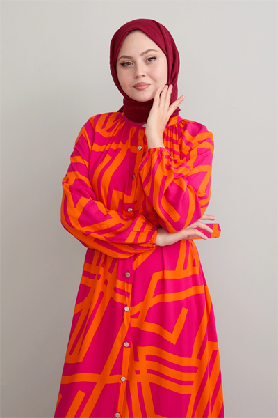 Şeritli Kemerli Fuşya Viskon Elbise