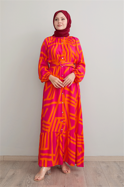 Şeritli Kemerli Fuşya Viskon Elbise