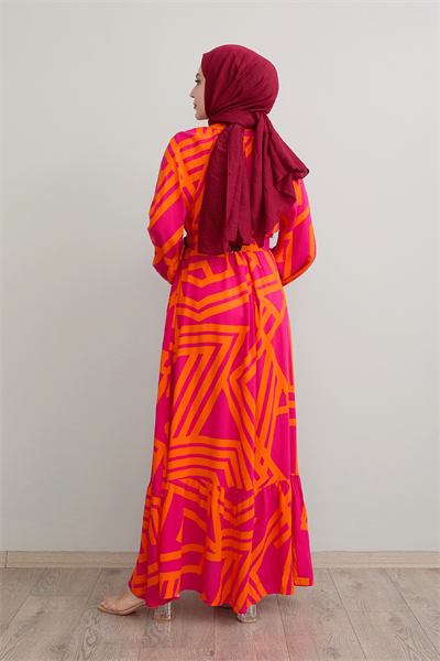 Şeritli Kemerli Fuşya Viskon Elbise