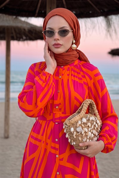 Şeritli Kemerli Fuşya Viskon Elbise