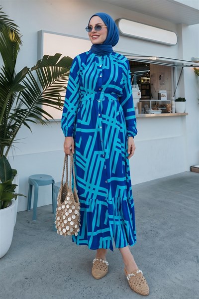 Şeritli Kemerli Mavi Viskon Elbise