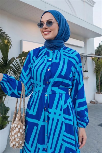 Şeritli Kemerli Mavi Viskon Elbise