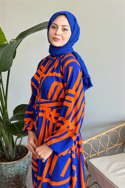 Şeritli Kemerli Oranj Viskon Elbise