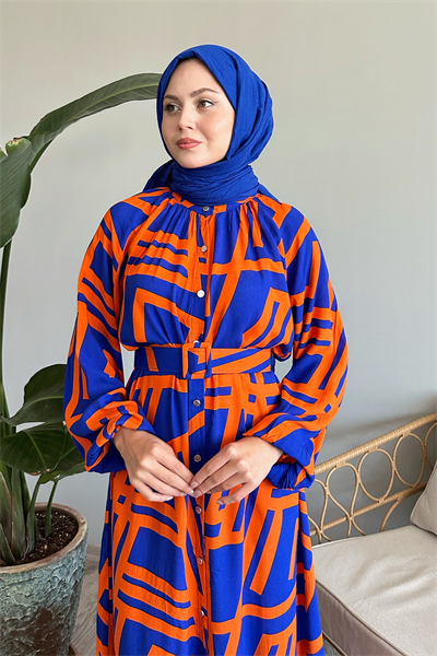 Şeritli Kemerli Oranj Viskon Elbise