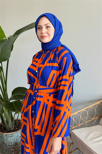 Şeritli Kemerli Oranj Viskon Elbise