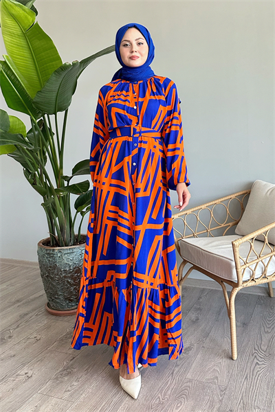 Şeritli Kemerli Oranj Viskon Elbise