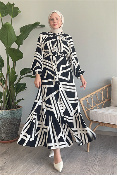 Şeritli Kemerli Siyah Viskon Elbise