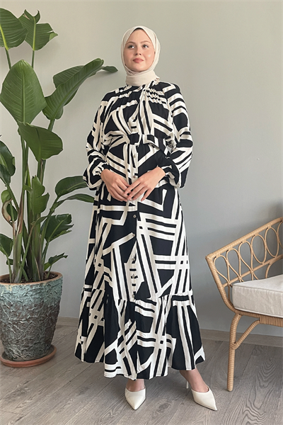 Şeritli Kemerli Siyah Viskon Elbise