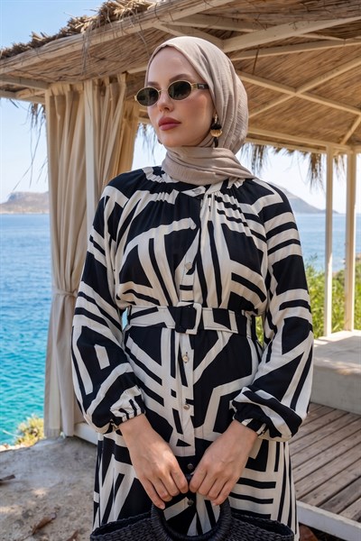 Şeritli Kemerli Siyah Viskon Elbise