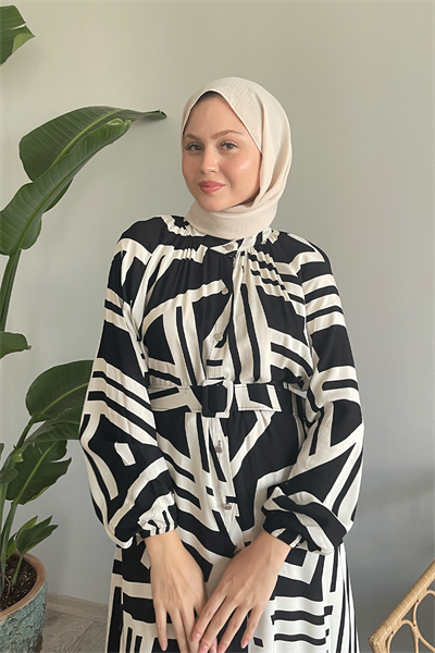 Şeritli Kemerli Siyah Viskon Elbise