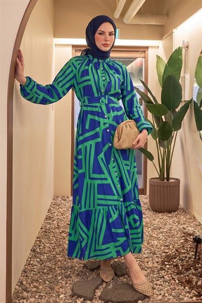 Şeritli Kemerli Yeşil Viskon Elbise