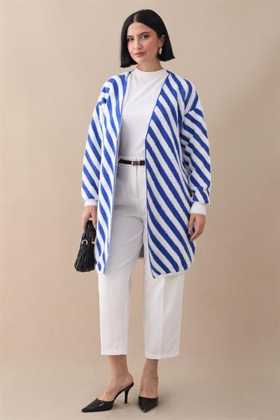 Şeritli Tüylü İndigo Triko Hırka