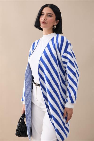 Şeritli Tüylü İndigo Triko Hırka