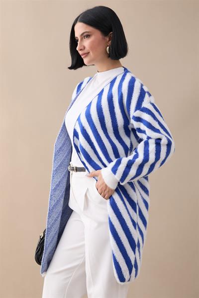 Şeritli Tüylü İndigo Triko Hırka