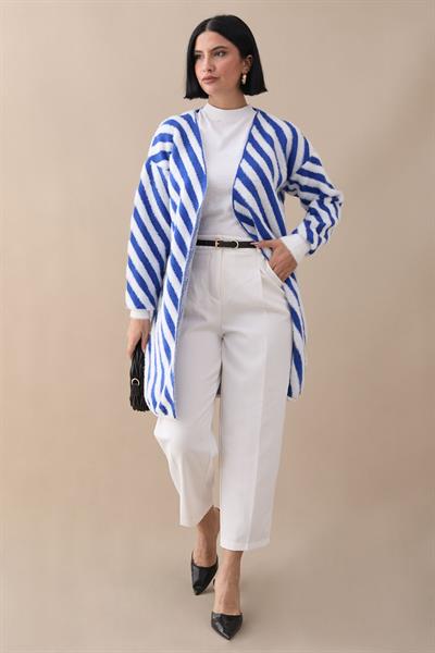 Şeritli Tüylü İndigo Triko Hırka