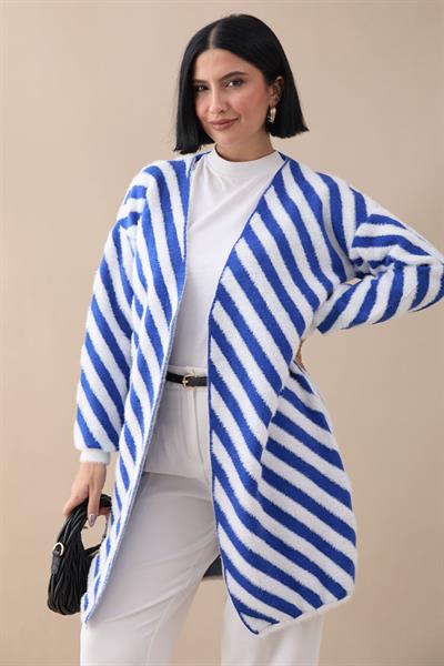 Şeritli Tüylü İndigo Triko Hırka