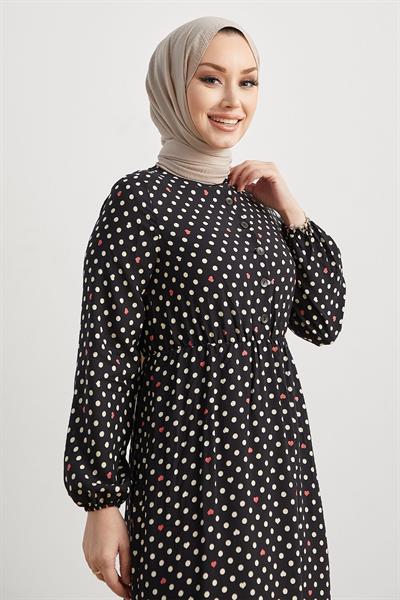 Siera Kalpli Puantiyeli Dokuma Siyah Elbise
