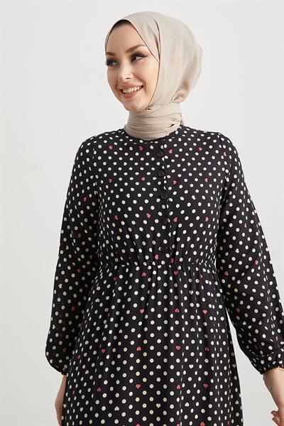 Siera Kalpli Puantiyeli Dokuma Siyah Elbise