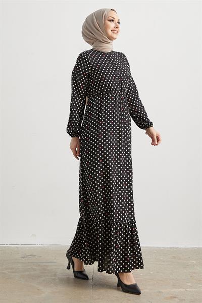 Siera Kalpli Puantiyeli Dokuma Siyah Elbise