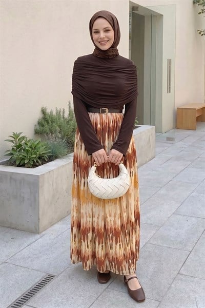 Şifon Sandy Kemerli Drapeli Acı Kahve Ebruli Desen Elbise