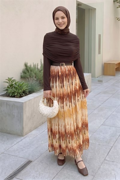 Şifon Sandy Kemerli Drapeli Acı Kahve Ebruli Desen Elbise