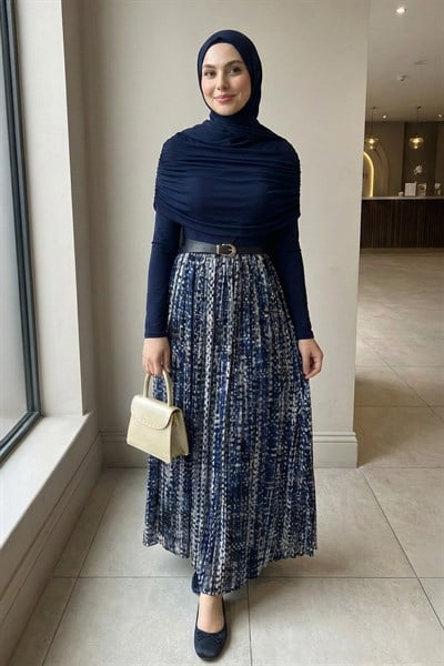 Şifon Sandy Kemerli Drapeli Lacivert Batik Desen Elbise