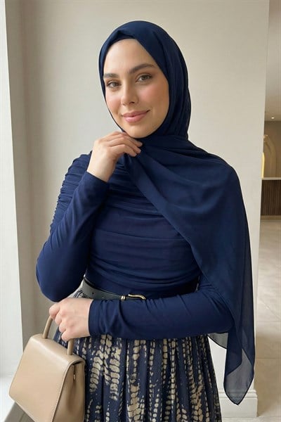 Şifon Sandy Kemerli Drapeli Lacivert Puantiye Desen Elbise