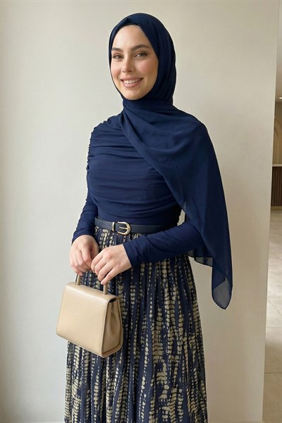 Şifon Sandy Kemerli Drapeli Lacivert Puantiye Desen Elbise