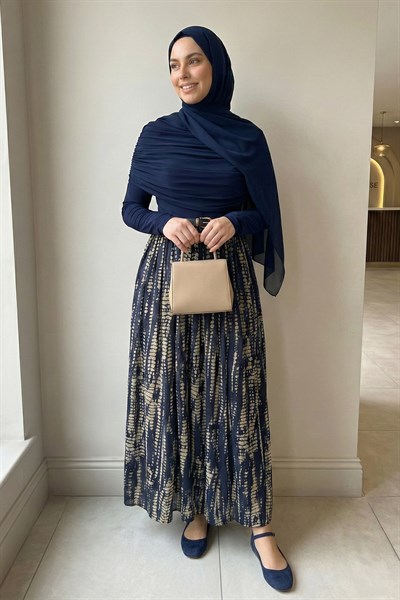 Şifon Sandy Kemerli Drapeli Lacivert Puantiye Desen Elbise