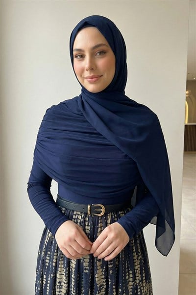 Şifon Sandy Kemerli Drapeli Lacivert Puantiye Desen Elbise