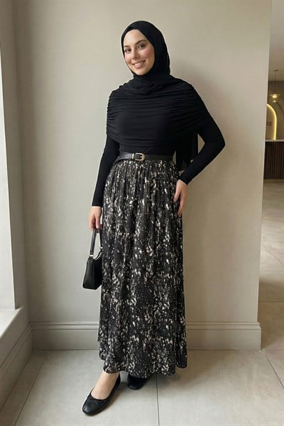Şifon Sandy Kemerli Drapeli Siyah Fırça Desen Elbise