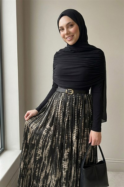 Şifon Sandy Kemerli Drapeli Siyah Puantiye Desen Elbise