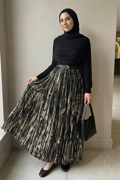 Şifon Sandy Kemerli Drapeli Siyah Puantiye Desen Elbise